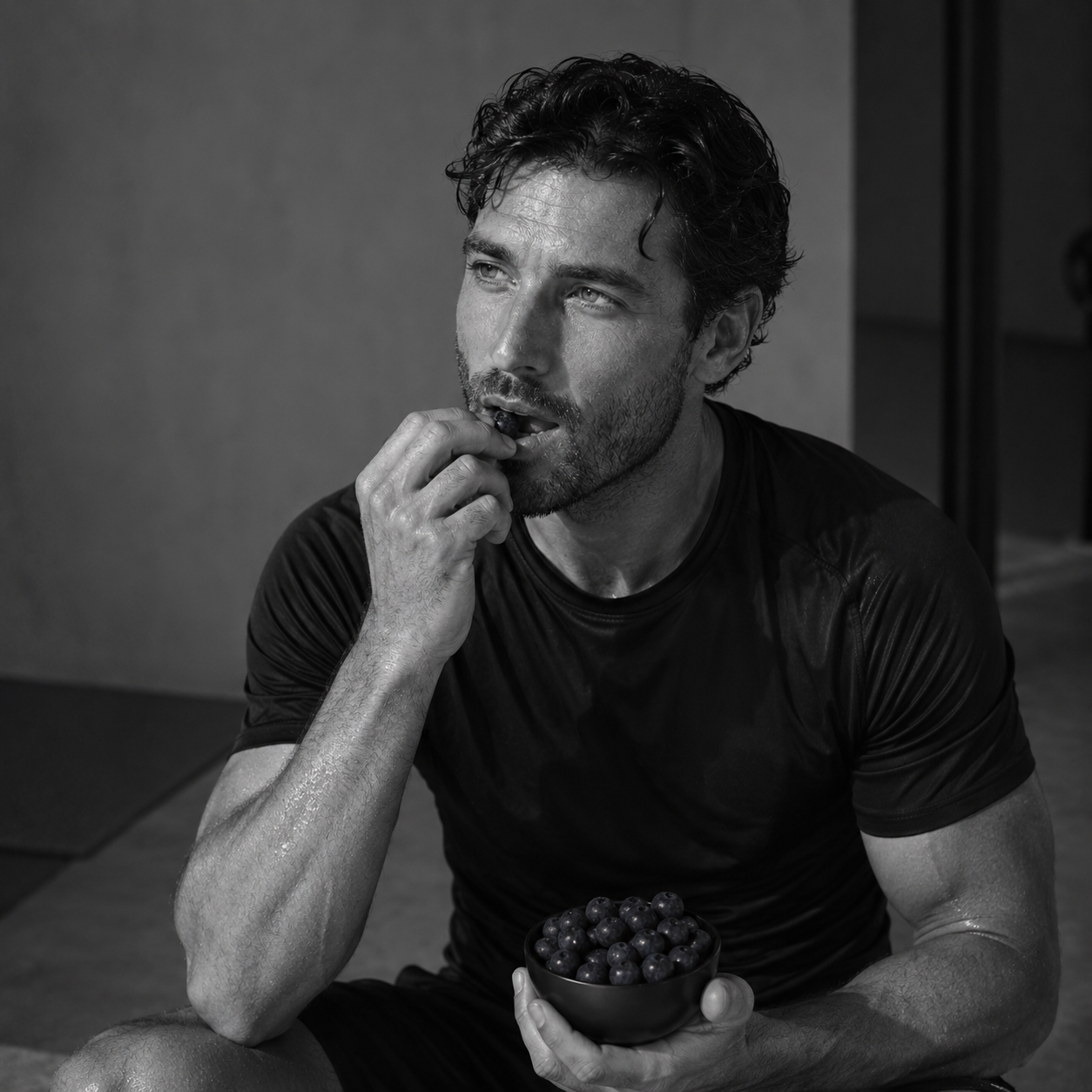 Hombre tras entrenar comiendo arándanos, ejemplo de alimentación rica en micronutrientes