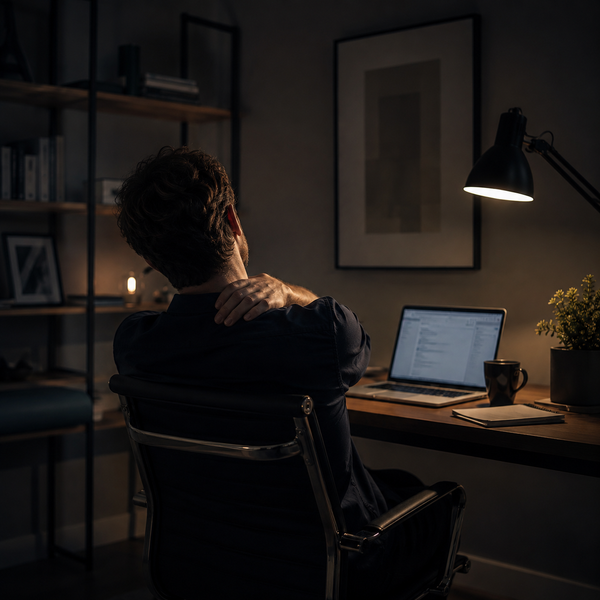 Persona con tensión en el cuello por estrés trabajando de noche ante el portátil, síntoma de cortisol alto