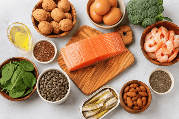 Alimentos ricos en omega 3: salmón, sardinas, nueces, semillas de chía y lino, huevos y gambas