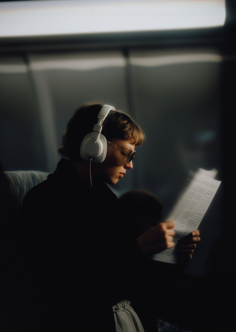 chica joven leyendo un papel con cascos