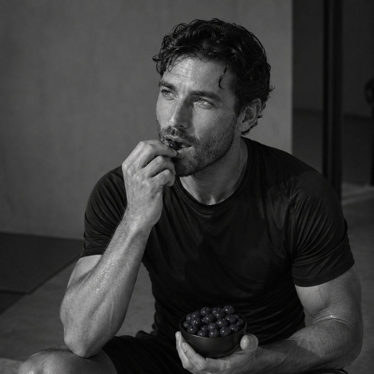 Hombre tras entrenar comiendo arándanos, ejemplo de alimentación rica en micronutrientes