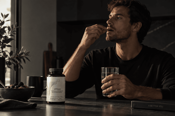 Hombre tomando el multivitamínico ZZEN Vitals con un vaso de agua durante el desayuno