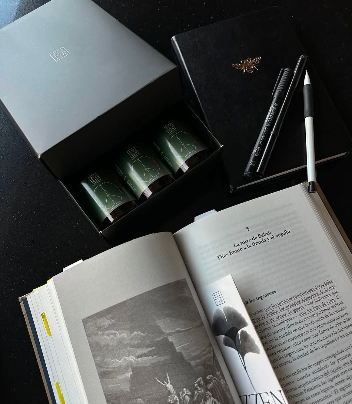 Foto ambiente ZZEN Labs con pack de nootrópicos y libro