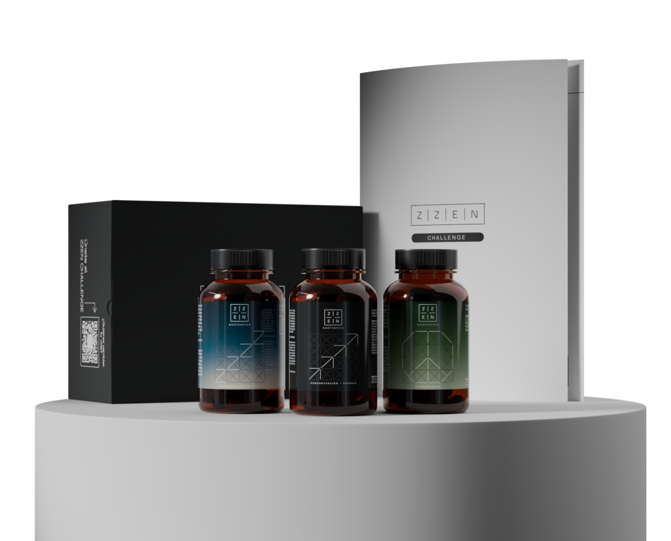 Hands holding a box labeled 'Advanced Program' with floating vitamin bottles above.