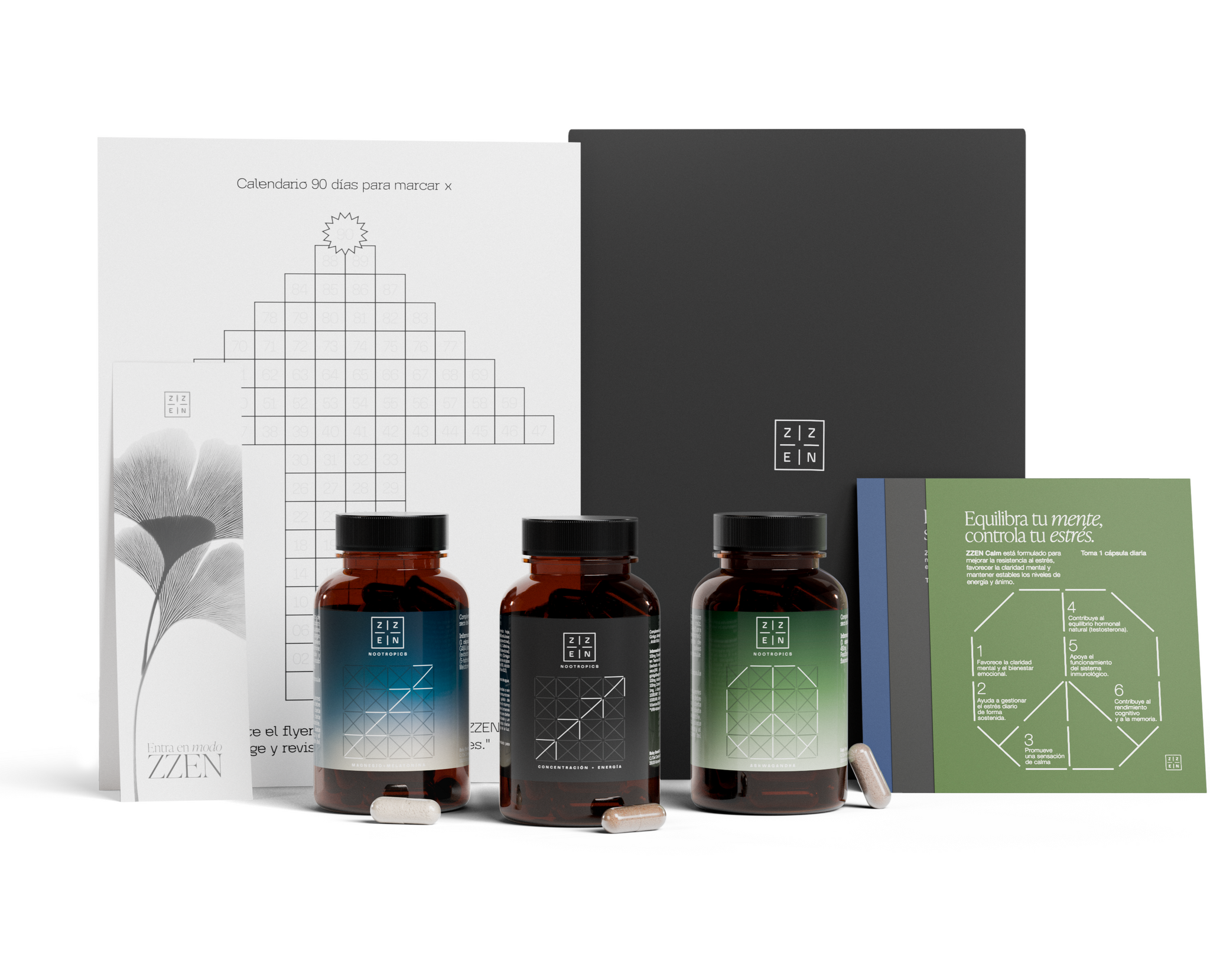 Hands holding a box labeled ' Advanced Program' with three supplement bottles floating above.